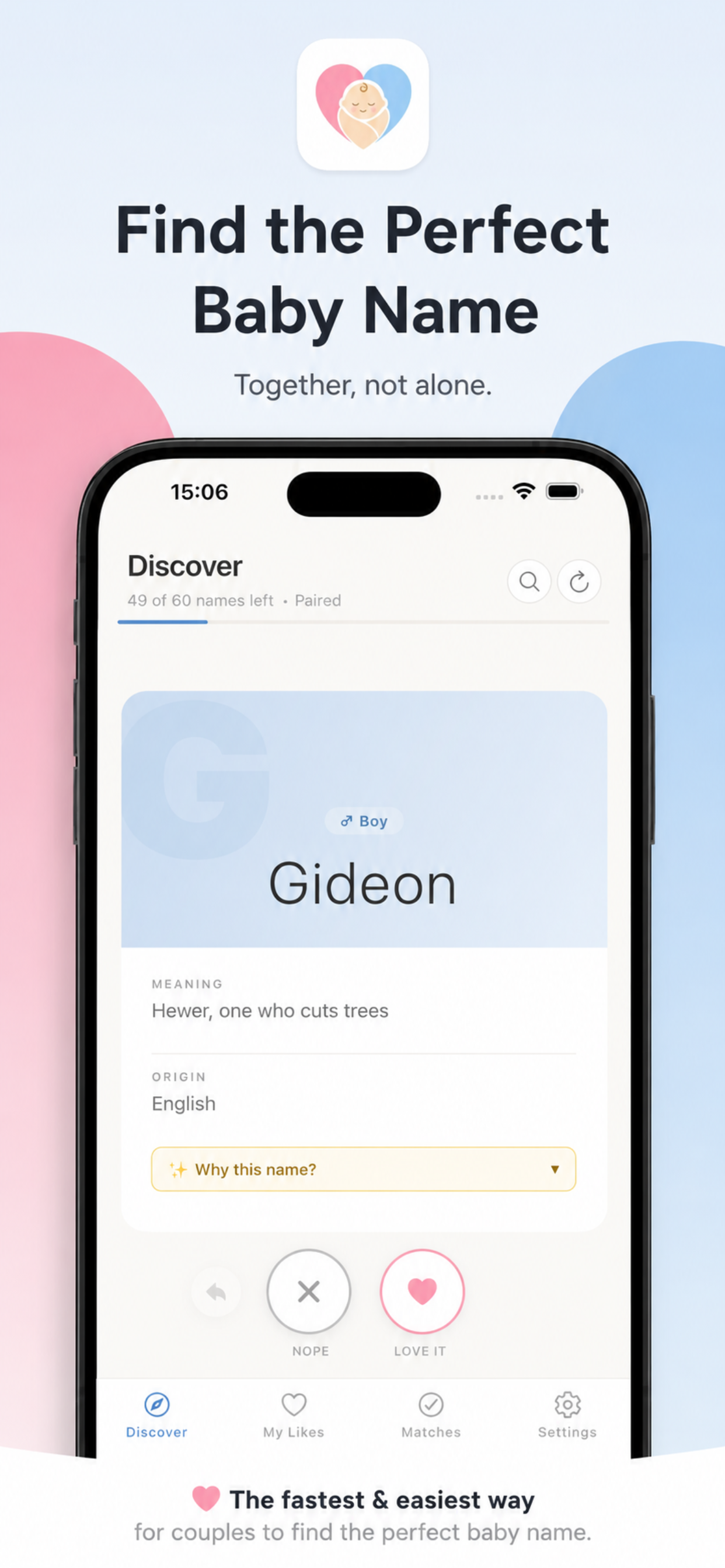 Namely — Discover screen showing name card for Gideon with like and skip buttons