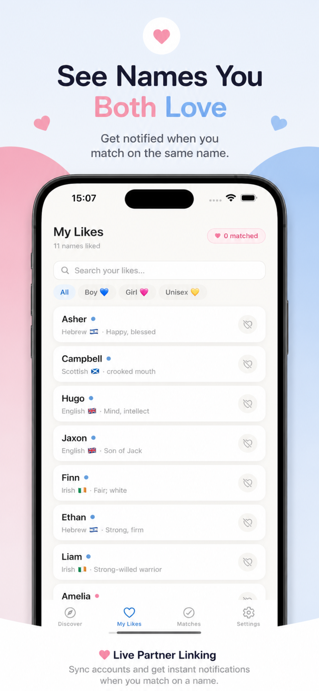 Namely — My Likes screen listing names the user has saved