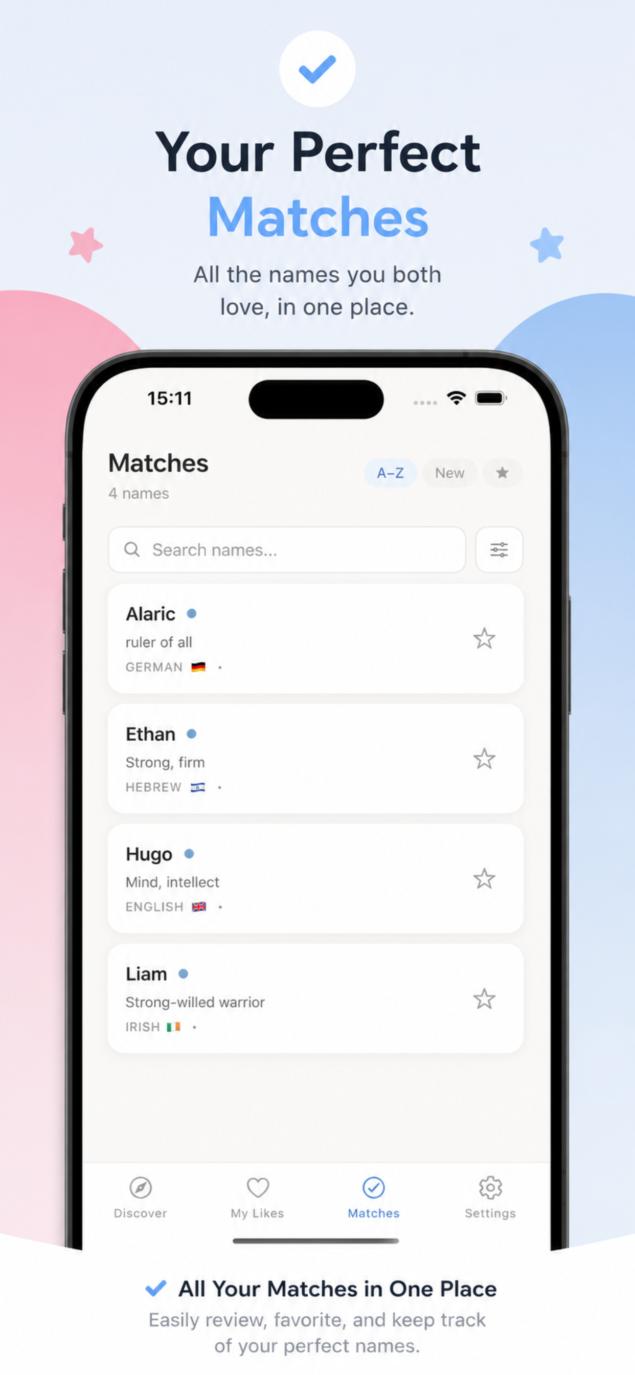 Namely — Matches screen showing names both partners liked