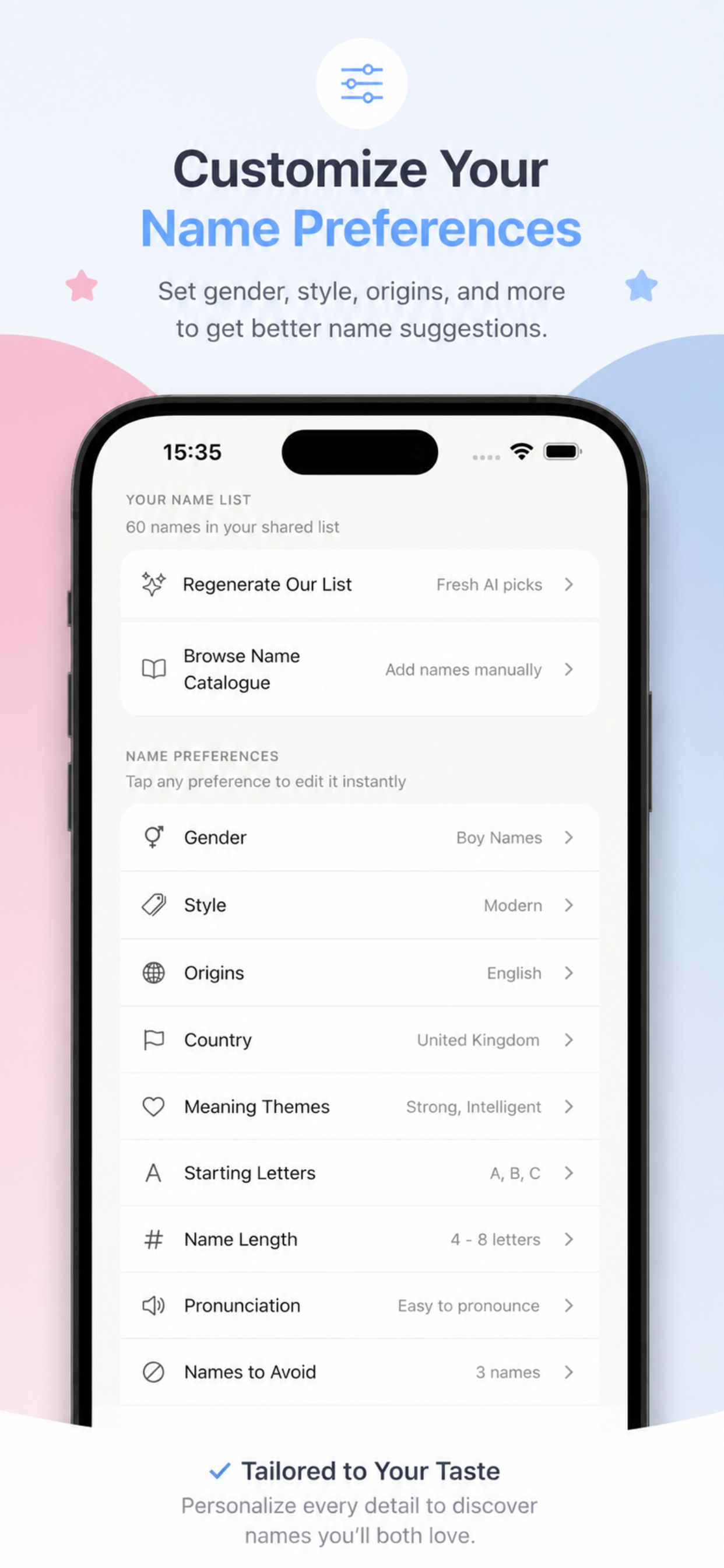 Namely — Preferences screen to customise name style, gender, and origins