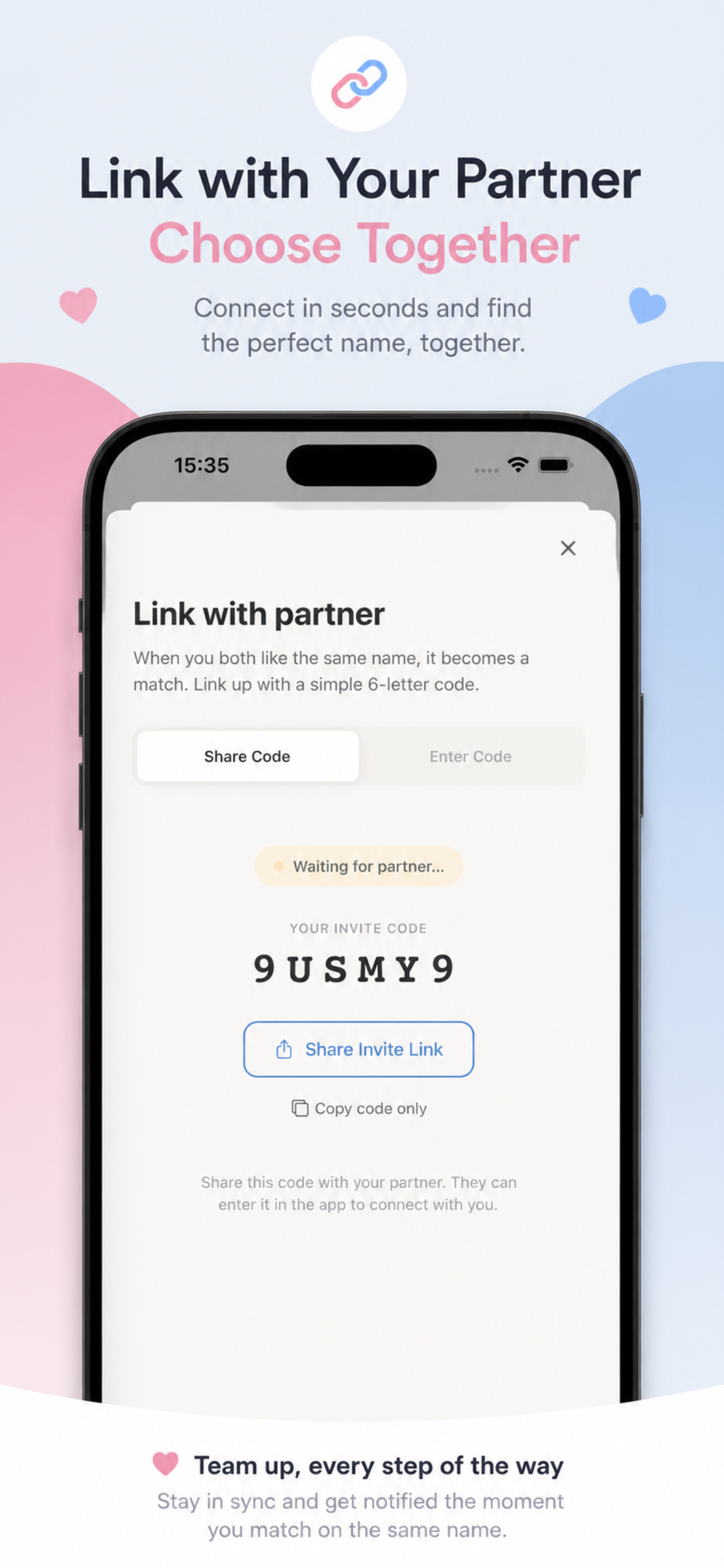 Namely — Partner linking screen with 6-letter invite code